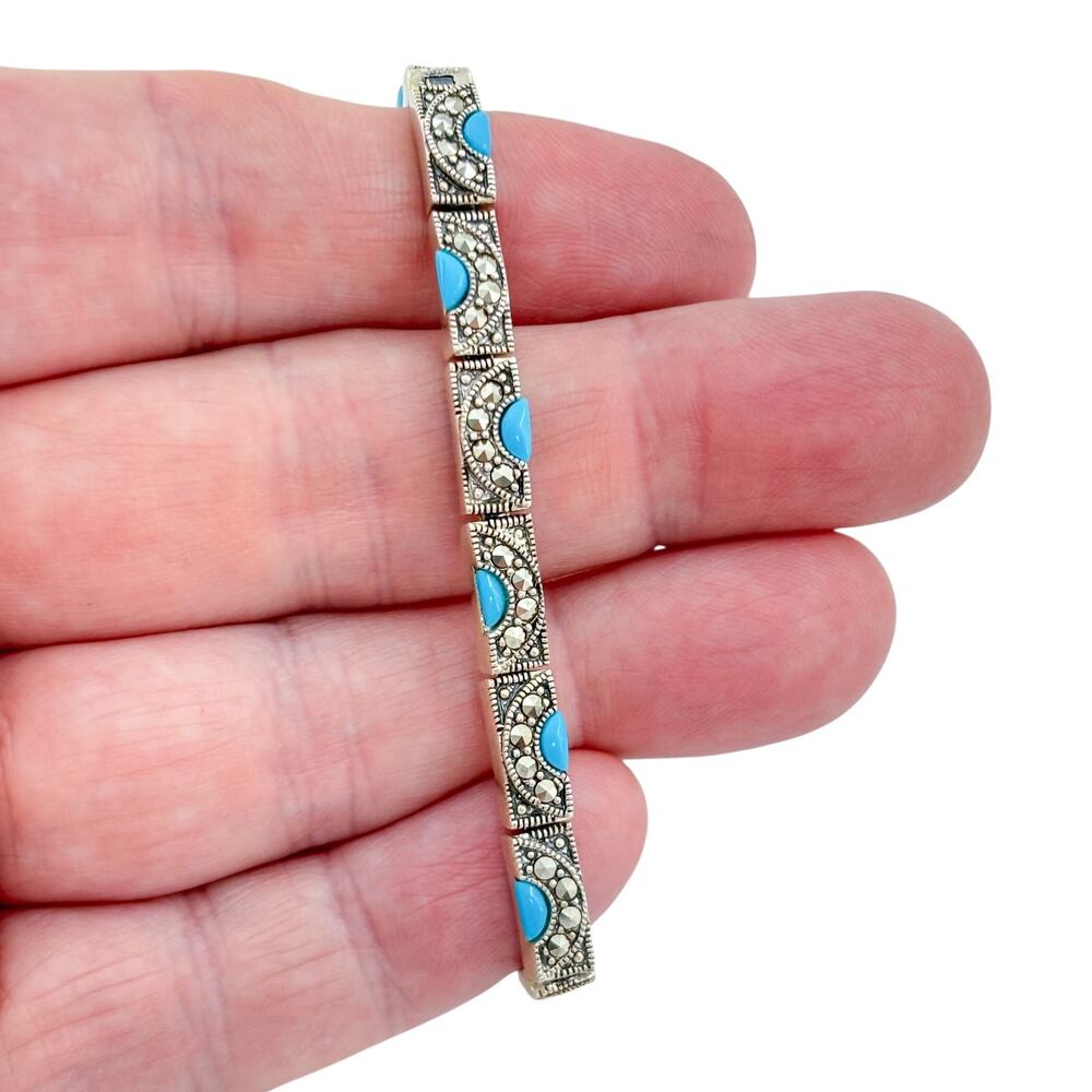 Vintage Sterling Silver 925 Turquoise Marcasite Link Bracelet 6.75"